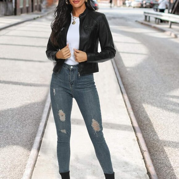 Black Faux Leather Jackets for Women Motorcycle PU Moto Biker Outwear Coat - Picture 5 of 6